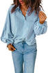 Lantern Sleeve Snap Button Placket Washed Pullover Casual Round Neck Sweatshirt